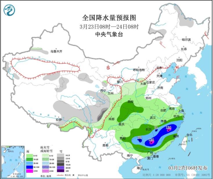 西南江南华南有暴雨或大暴雨 西北华北黄淮等仍有沙尘