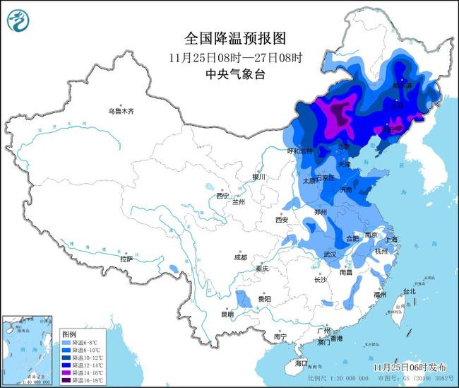 寒潮黄色预警：28日前后最低气温0℃线将抵达苏皖北部至河南南部
