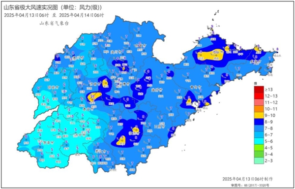 4月13日06时至4月14日06时山东极大风实况